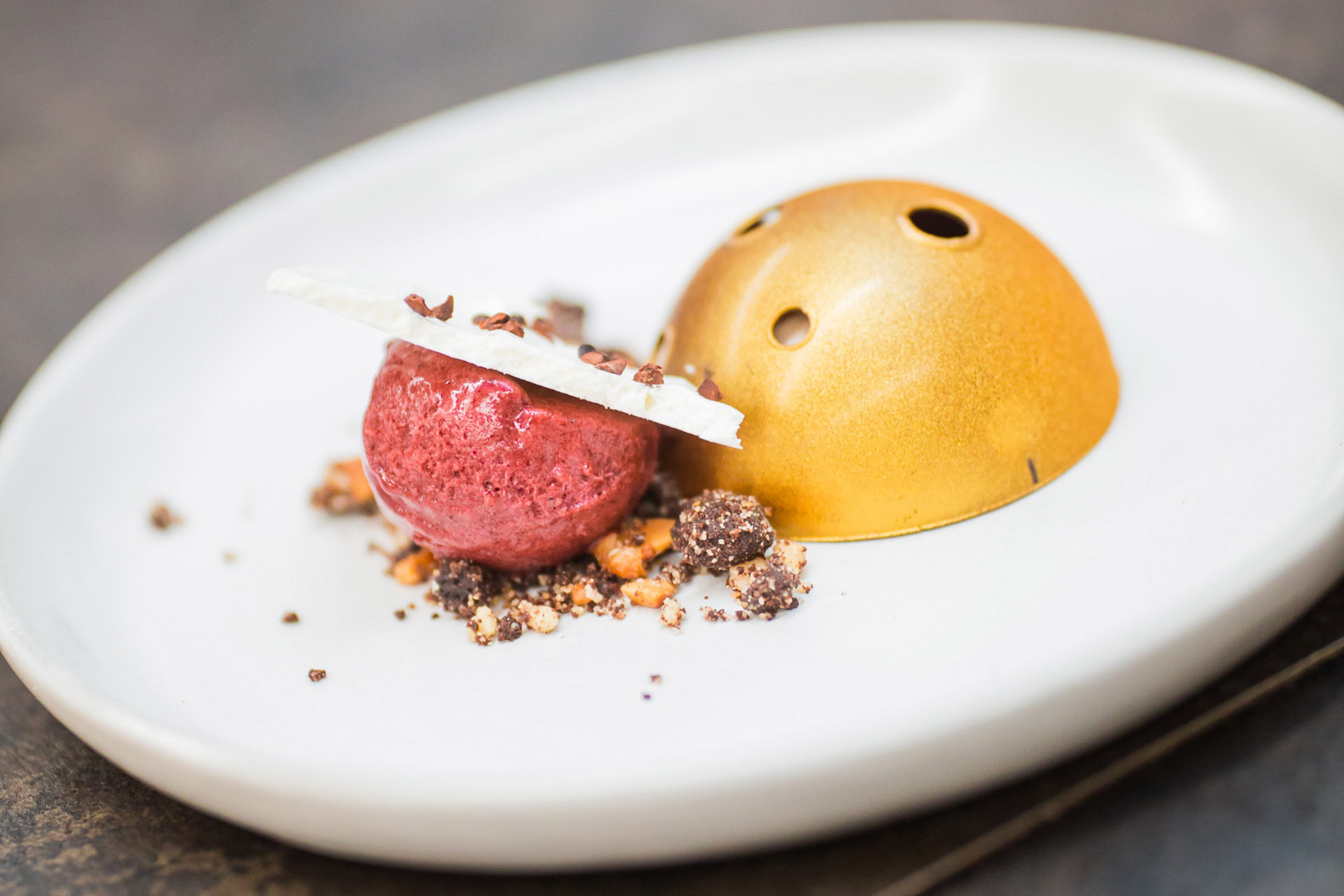 Gourmet-Dessert mit rotem Sorbet, weißer Garnitur, Schokoladenstreuseln und goldener Halbkugel auf weißem Teller.