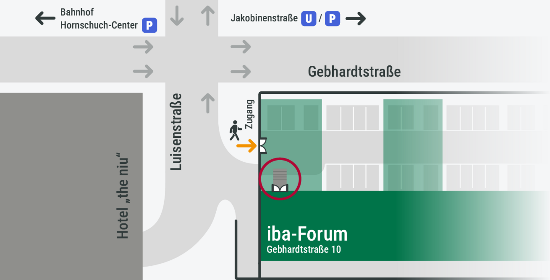 Lageplan der den Zugang zum iba-Forum aufzeigt